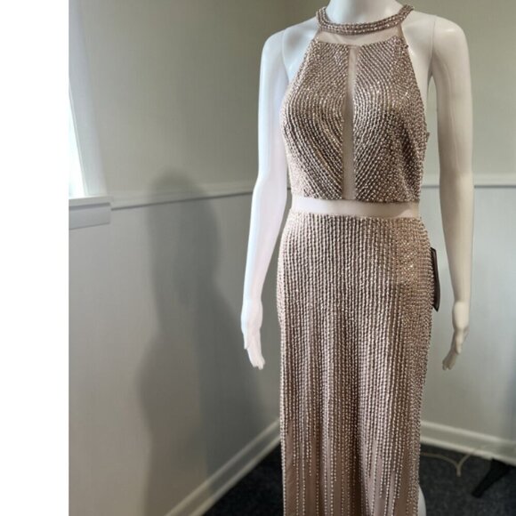 AIDAN MATTOX CREW NECK BEADED GOWN 6 Taupe NWT - Picture 4 of 9